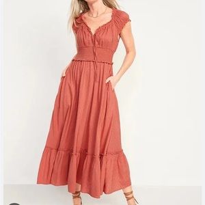 Old Navy Puff-Sleeve Waist-Defined Clip-Dot Midi Dress